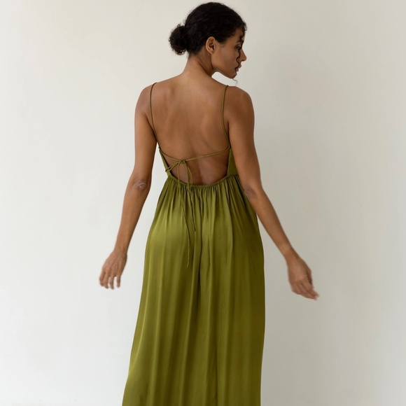 Bahhgoose Dresses & Skirts - Maxi Satin Olive Dress open back
